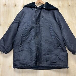 Vintage Coat Mens XL Blue Insulated Parka Fur Collar Winter Workwear Warm